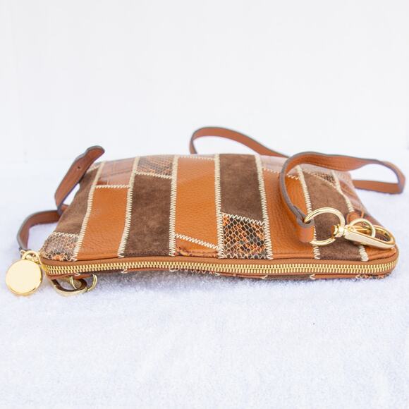 G.I.L.I. Brown Tan Embossed Snake Croc Leather Suede Patchwork Crossbody Purse - Picture 6 of 11
